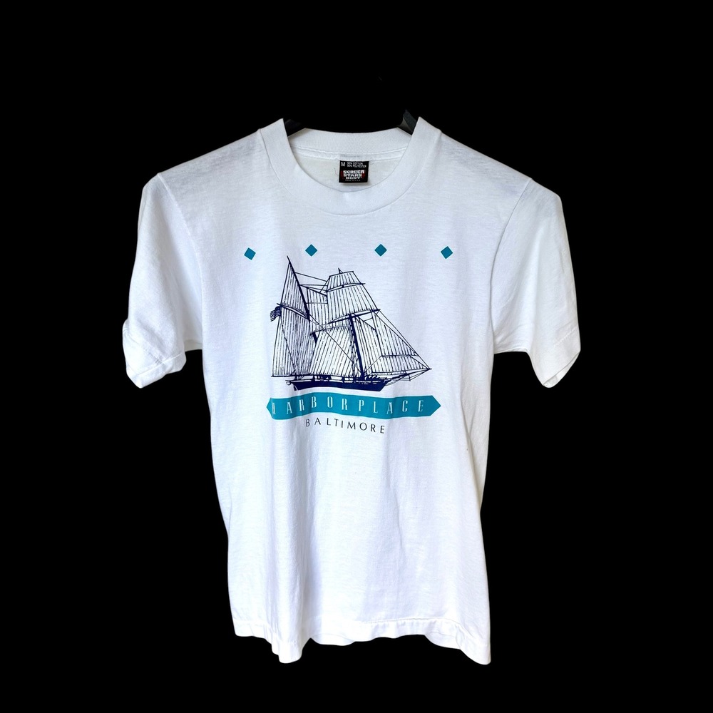 Vintage 80's Baltimore Harborplace Sailing Ship T-Shirt Mens M White